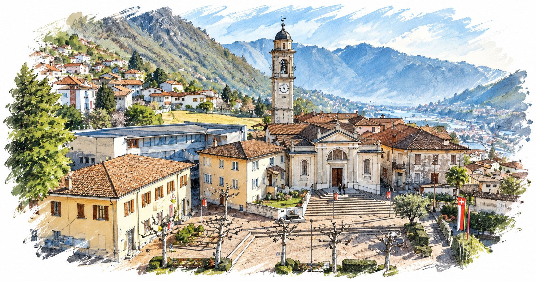 Acquerello della piazza e della chiesa di Vacallo, con il campanile e le montagne sullo sfondo